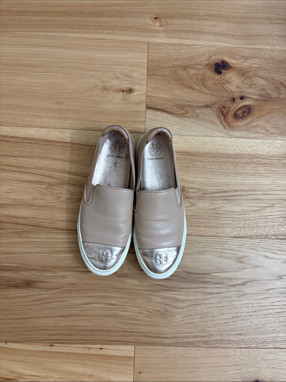 Tory Burch Nude Slip-On Sneakers with Metallic Toe Caps